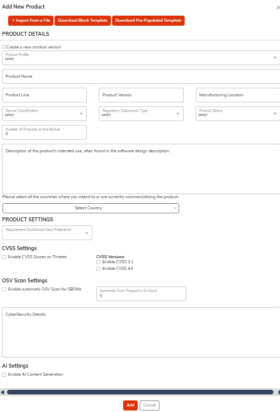 Add New Product modal showing import options and product details form