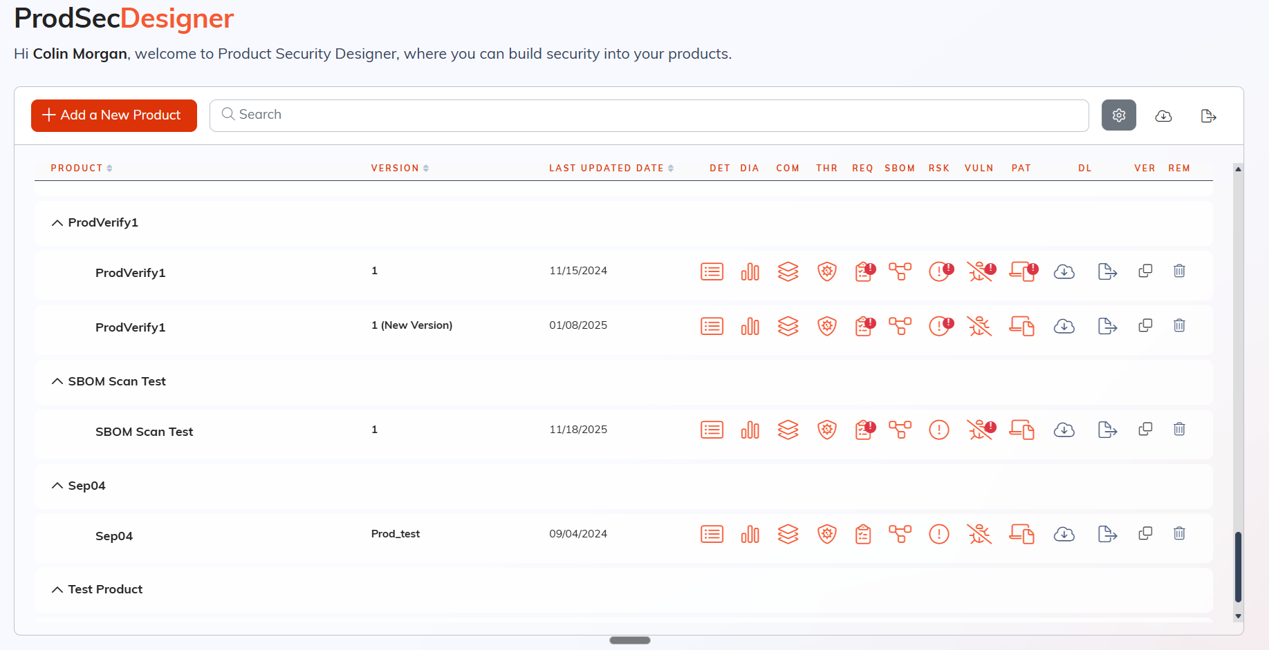 Product Dashboard showing quick access icons for DET, DIA, COM, THR, REQ, SBOM, RSK, VULN, PAT, DL, VER, and REM
