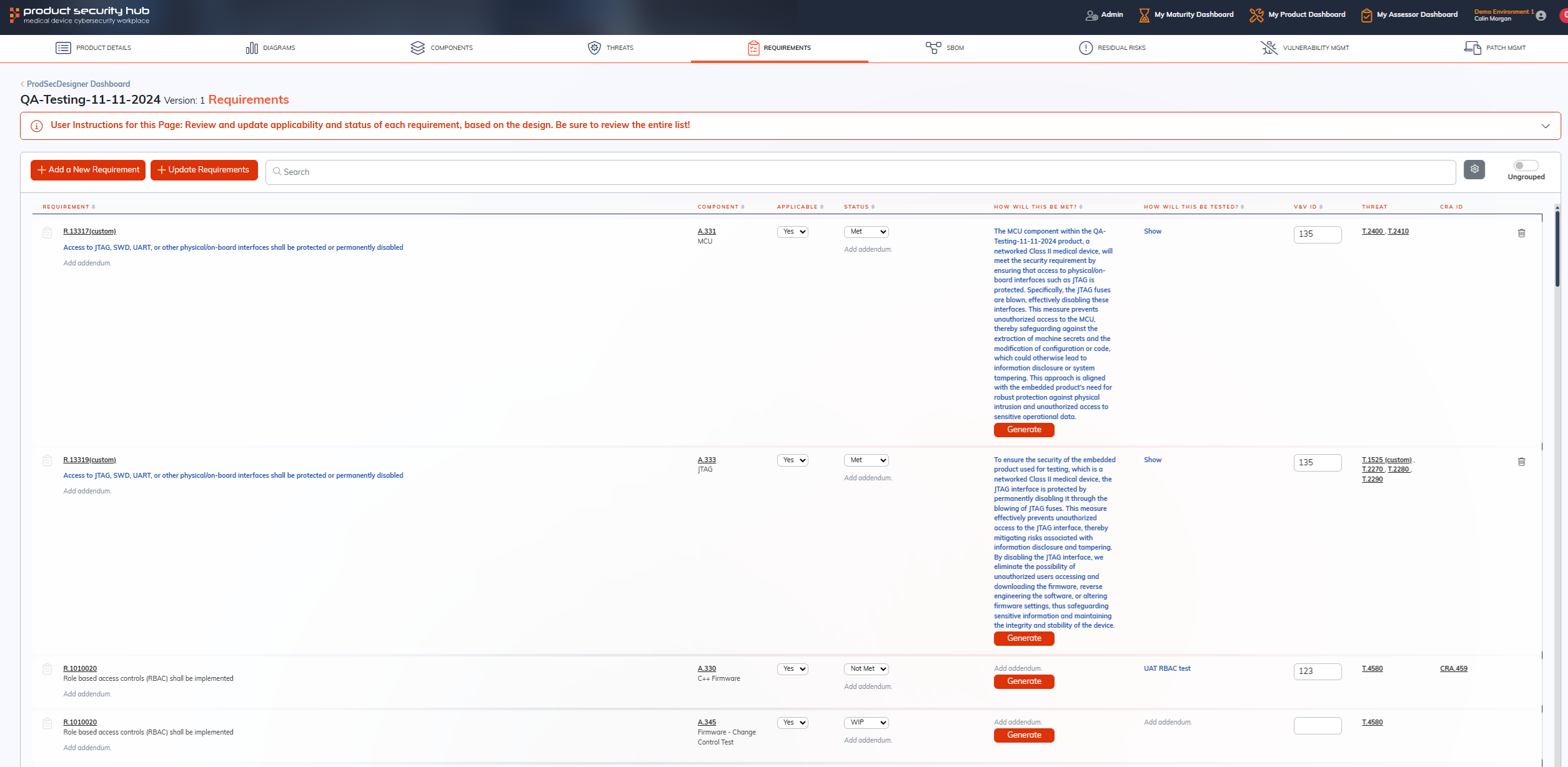 Requirements workspace screenshot